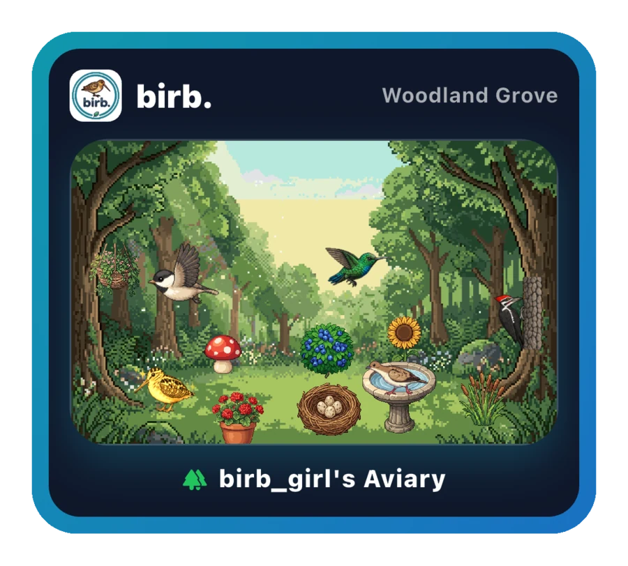 A Woodland Grove aviary filled with birds and decorations