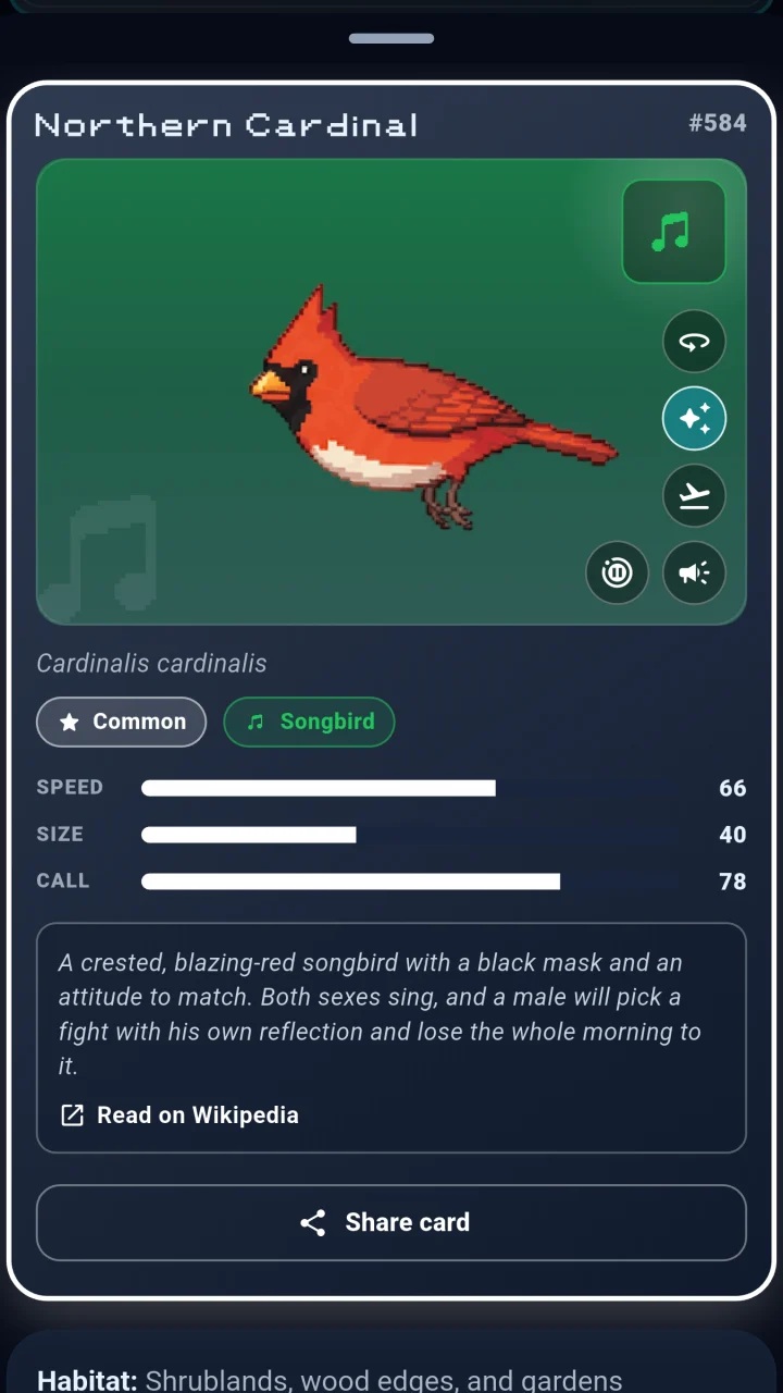 Northern Cardinal detail card in the birbDex
